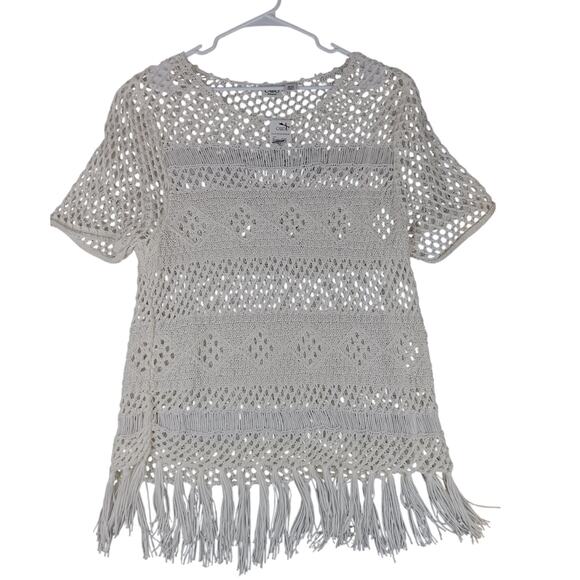 Cato Woman Crochet Woven Top Plus Size 18/20 White Fringe Trim Cover Up - Picture 2 of 12